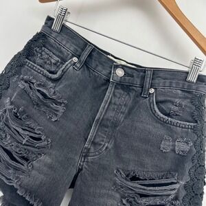 We The Free Black Denim Shorts Size‎ 24 Distressed Lace Trim Raw Hem